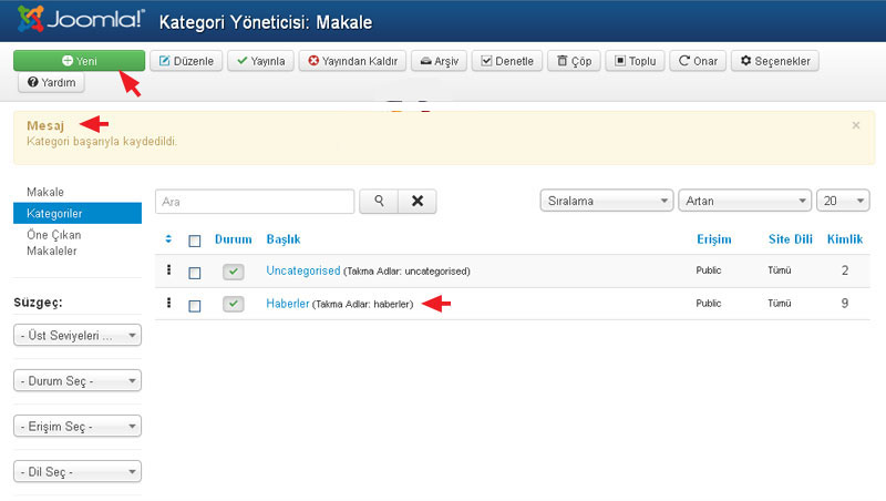 Joomla 3.0 Kategori ve Alt Kategori Oluşturma