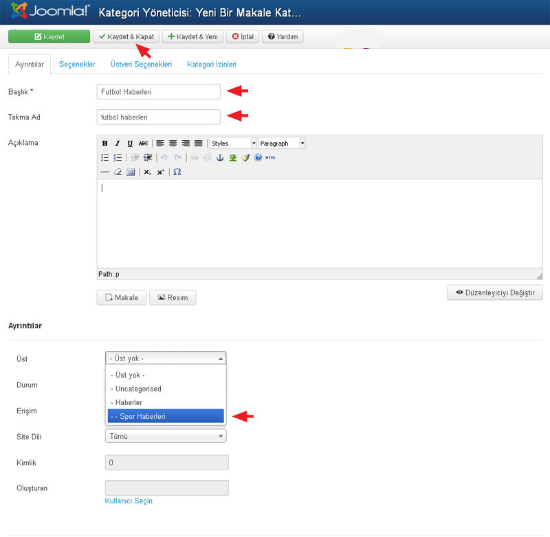 Joomla 3.0 Kategori ve Alt Kategori Oluşturma